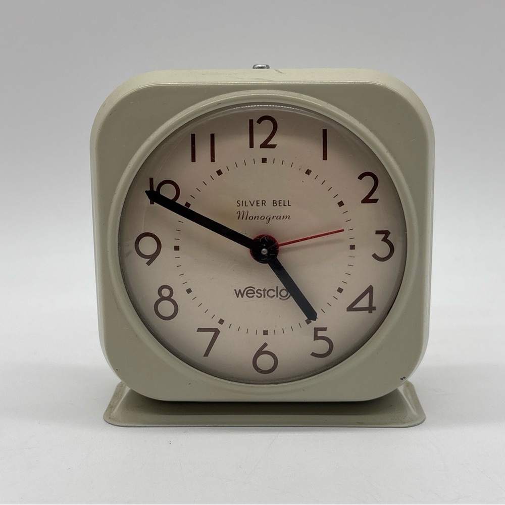 Vintage Westclox Silver Bell Monogram Alarm Wind Up Clock Gray 4" Tested MCM